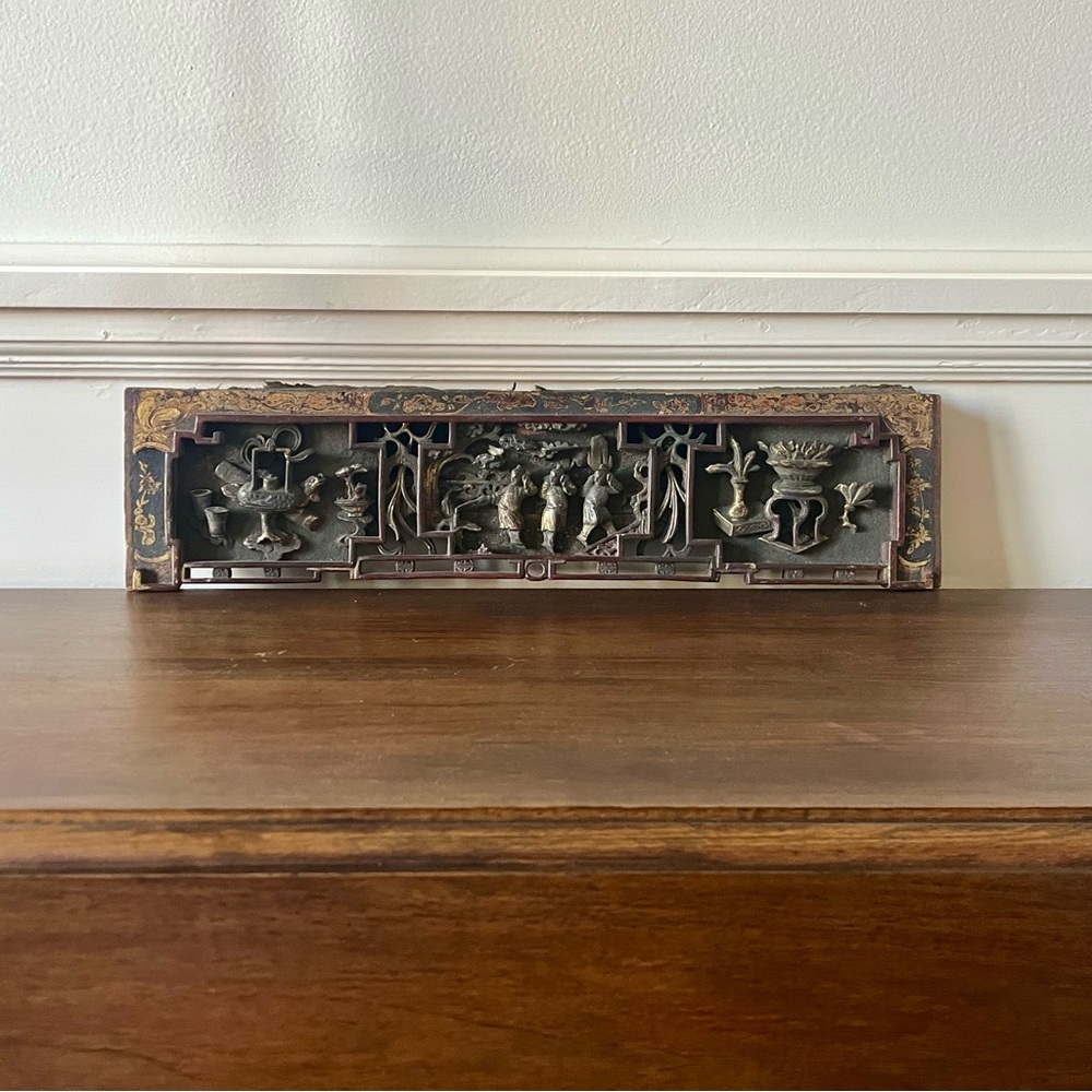 Antique Chinese Hand-Carved Wood Architectural Panel